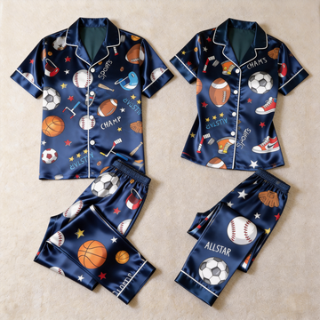 American Football Print Satin Matching Couple Pajamas – Short Sleeve Button-Down Top & Pants Sleepwear Set