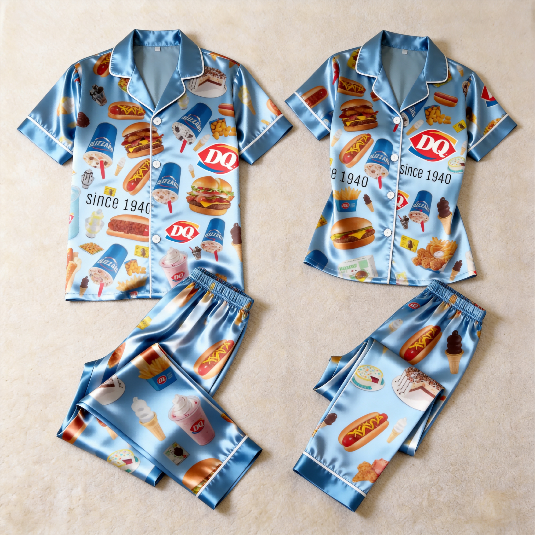 Burger & Fries Comfort Food Motif Satin Couples Pajamas – Short Sleeve Button-Up Loungewear Set with Pants