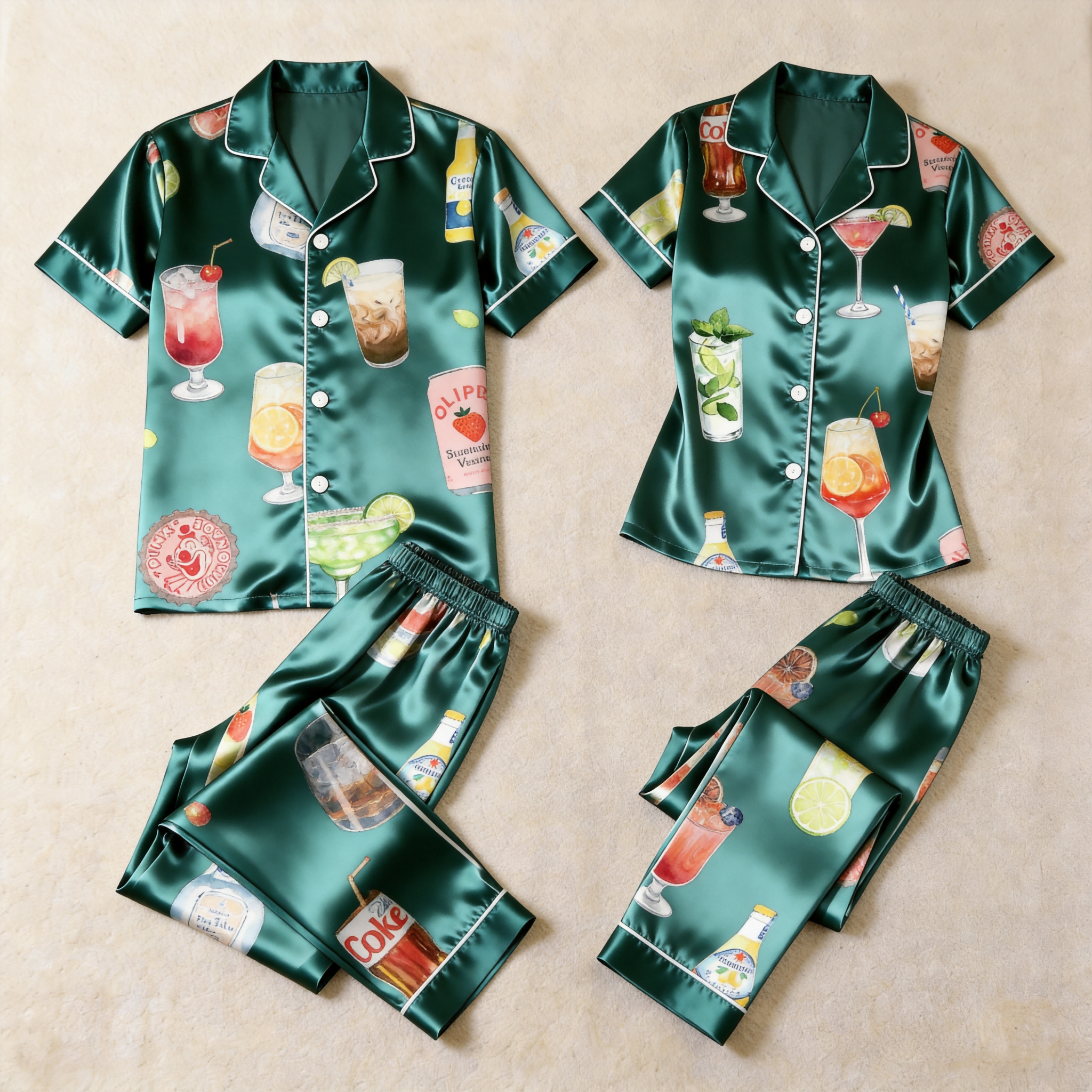 Happy Hour Bottle Print Satin Matching Couple Pajamas – Short Sleeve Button-Down Top & Pants Sleepwear Set