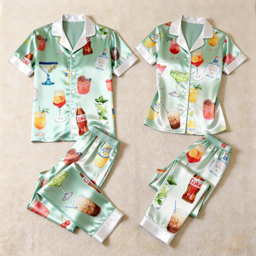 Vintage Liquor & Wine Bottle Satin Couples Pajamas – Short Sleeve Button-Up Loungewear Set with Pants