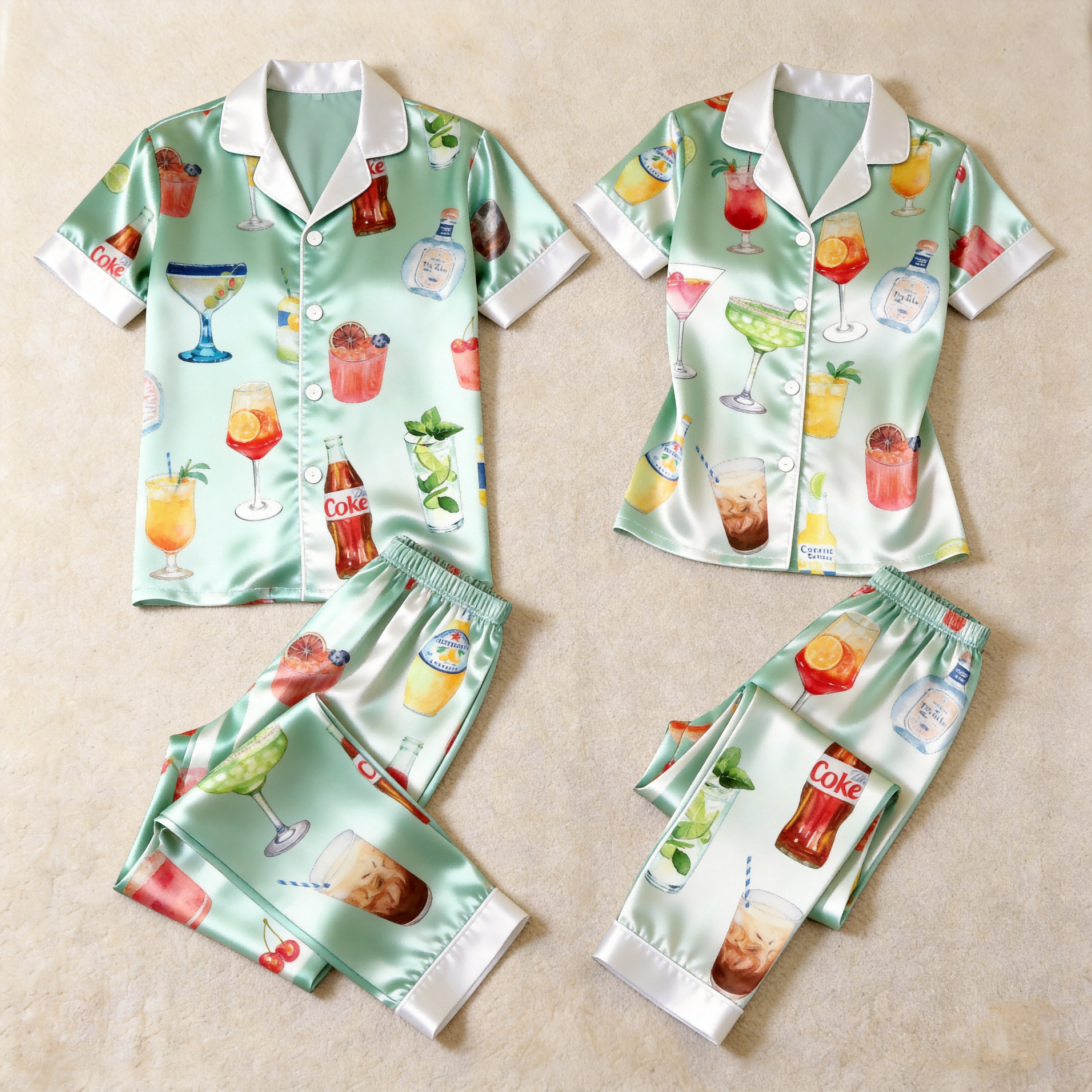 Happy Hour Bottle Print Satin Matching Couple Pajamas – Short Sleeve Button-Down Top & Pants Sleepwear Set