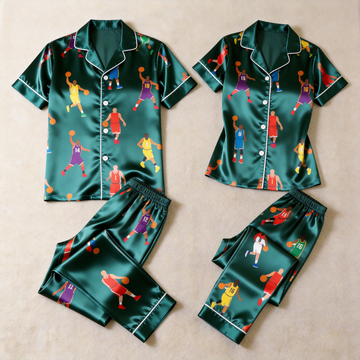 Luxury Basketball Player Motif Green Satin Couples Pajamas – Short Sleeve Button-Up Loungewear Set with Pants