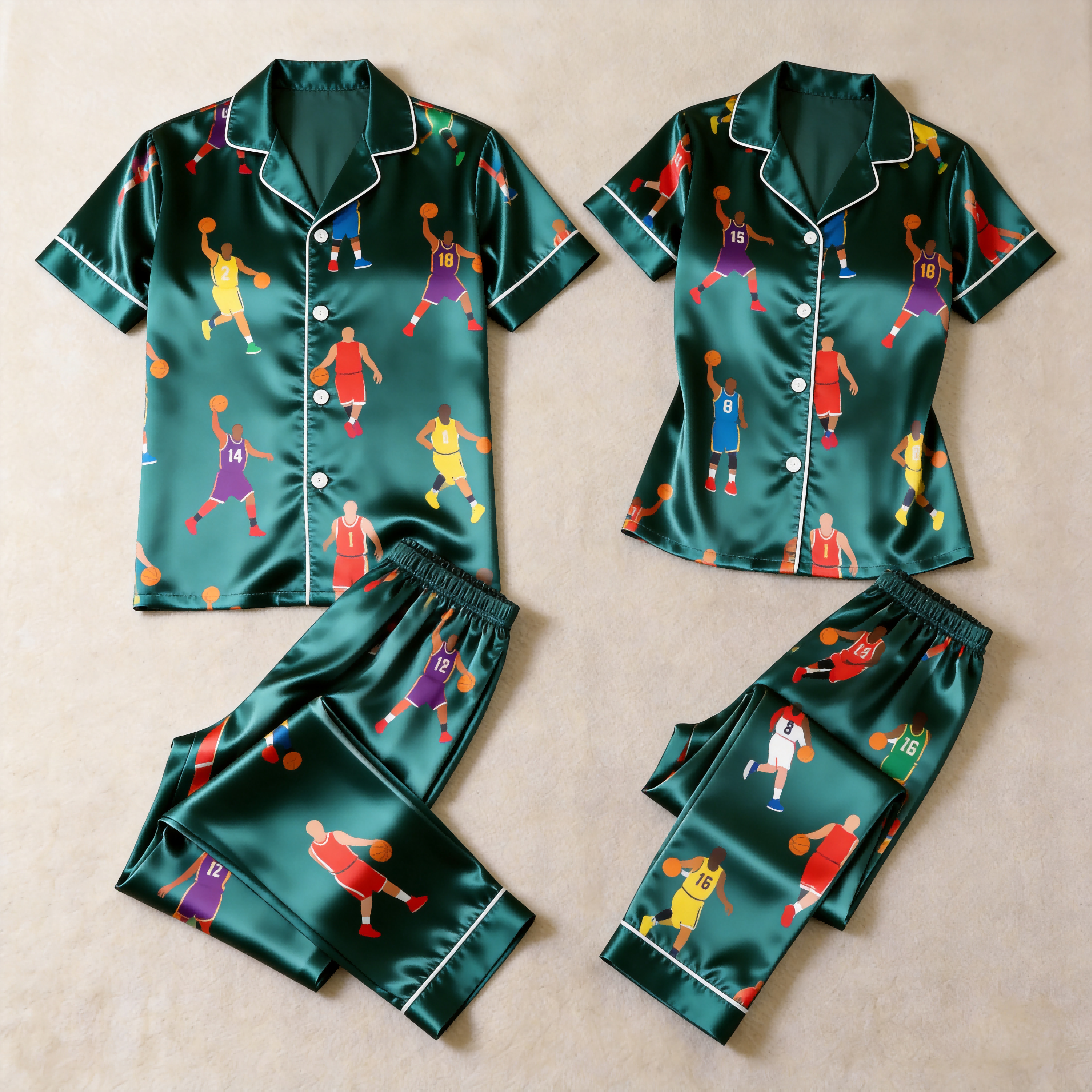American Football Print Satin Matching Couple Pajamas – Short Sleeve Button-Down Top & Pants Sleepwear Set