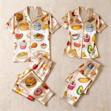 Classic All-American Diner Food Print Satin Matching Couple Pajamas – Short Sleeve Button-Down Top & Pants Sleepwear Set