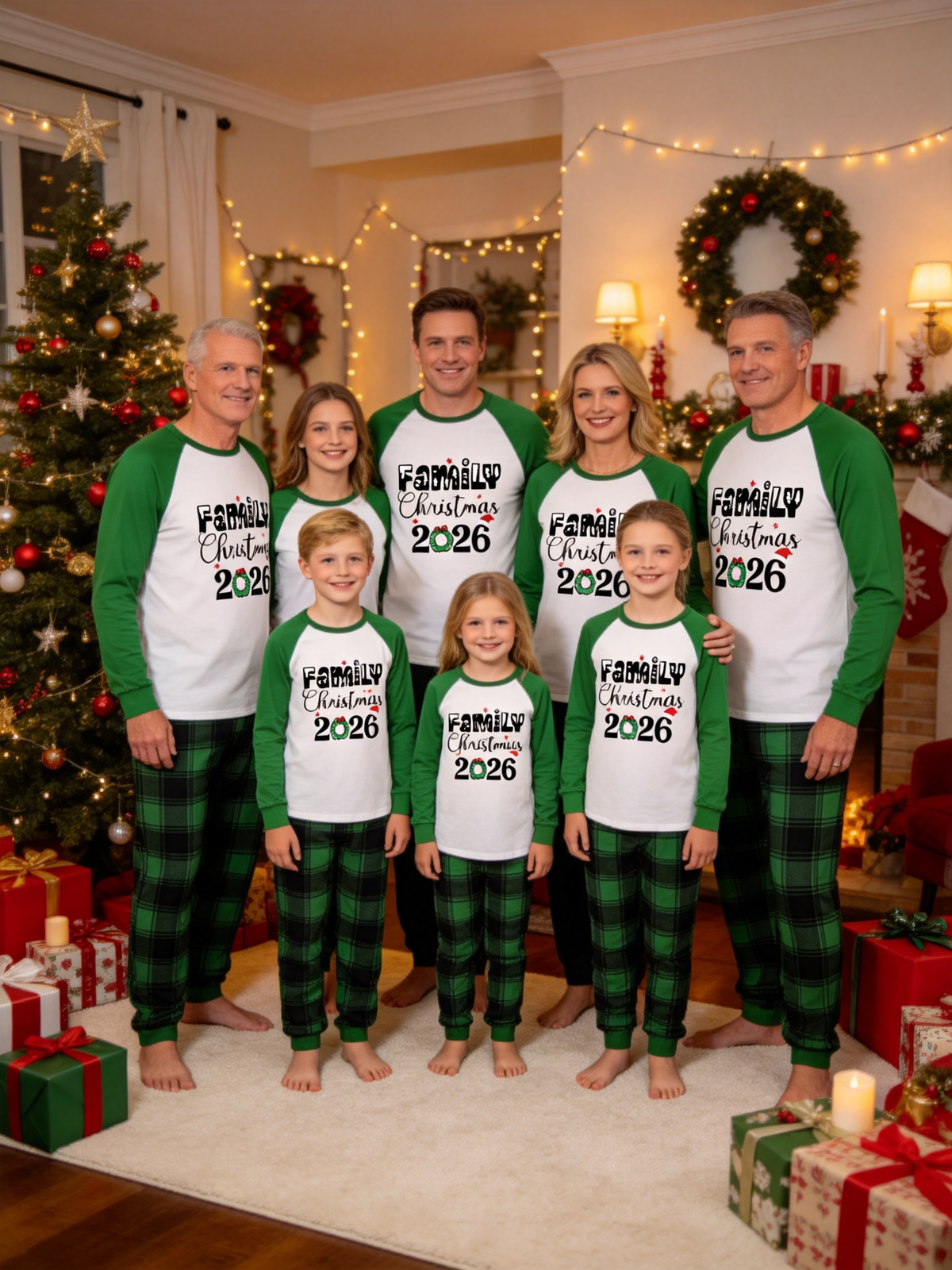 2-Piece Family Matching Christmas Pajama Set, 2026 Wreath Letter Print Green Raglan Long Sleeve Top, Green Black Buffalo Plaid Pants With Side Pockets, Matching Sleepwear For Whole Family Holiday Photos