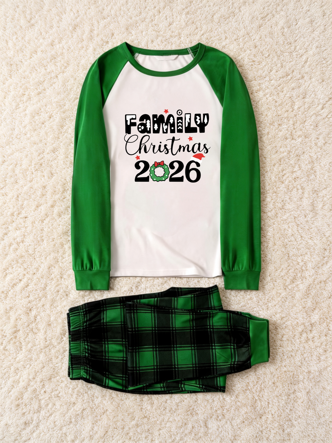 2-Piece Family Matching Christmas Pajama Set, 2026 Wreath Letter Print Green Raglan Long Sleeve Top, Green Black Buffalo Plaid Pants With Side Pockets, Matching Sleepwear For Whole Family Holiday Photos