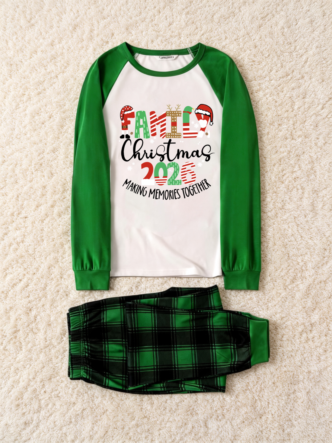 2026 Family Christmas Matching Pajamas Set, Green Raglan Long Sleeve Printed Top, Green Buffalo Plaid Pants With Pockets Holiday Sleepwear