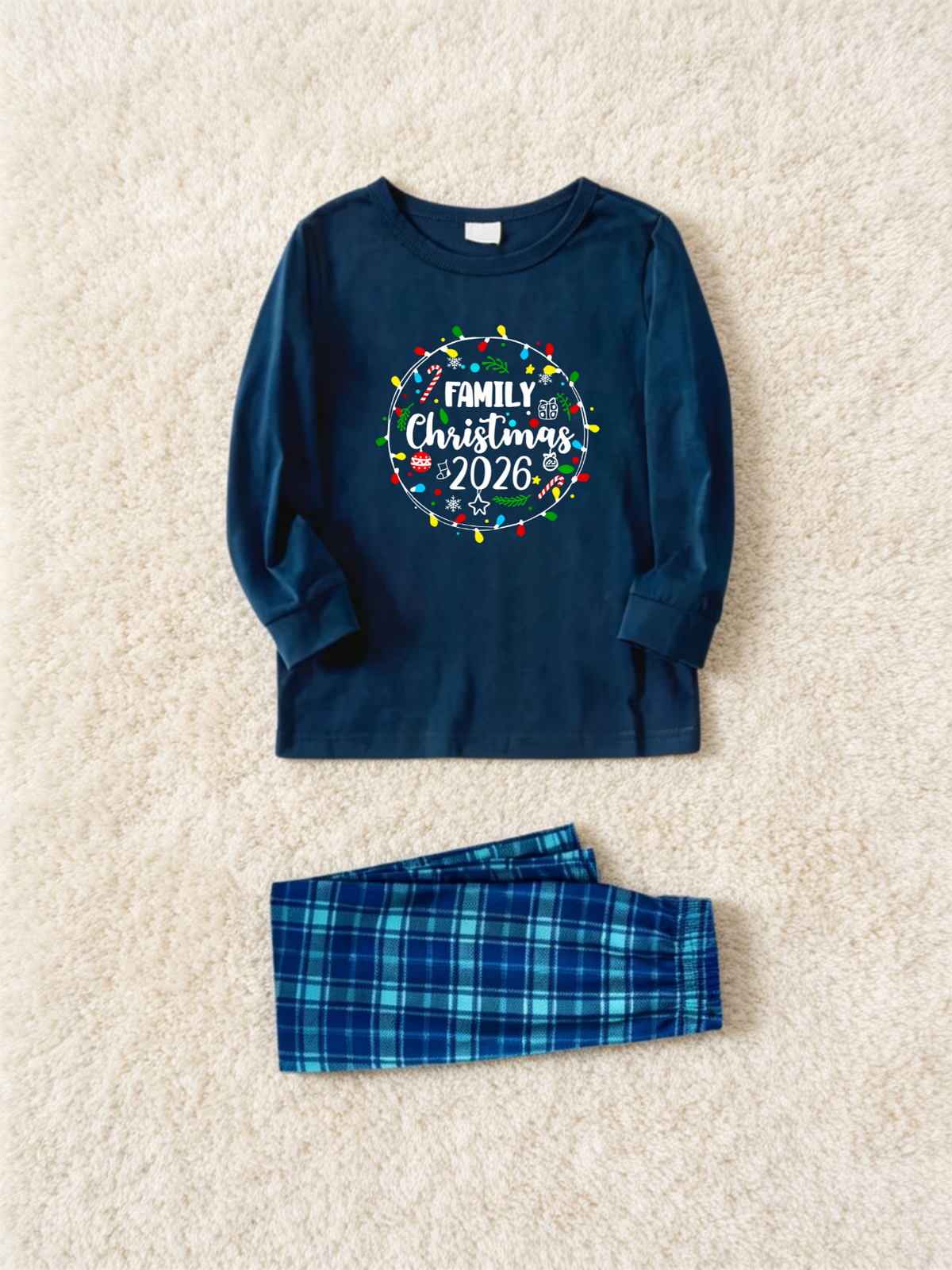 2-Piece Family Matching Christmas Pajama Set, 2026 Light Wreath Candy Cane Print Navy Long Sleeve Top, Blue Plaid Pocket Pants, Holiday Matching Sleepwear For Family Photos, Christmas Eve Nightwear