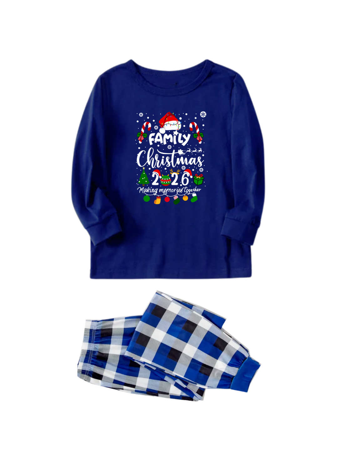 Family Matching Christmas Pajamas, 2026 Making Memories Together Festive Print Top, Blue Plaid Pocket Pants, Holiday Family Nightwear