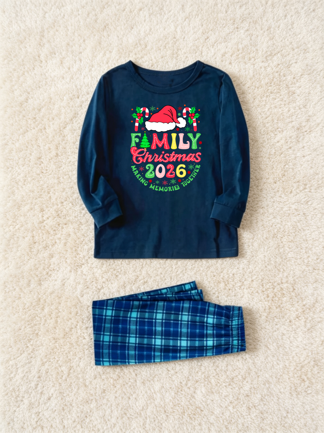 2-Piece Family Matching Christmas Pajama Set, 2026 Santa Hat Candy Cane Letter Print Navy Long Sleeve Top, Blue Buffalo Plaid Pants With Pockets, Cozy Matching Sleepwear For Christmas Eve & Family Holiday Photos