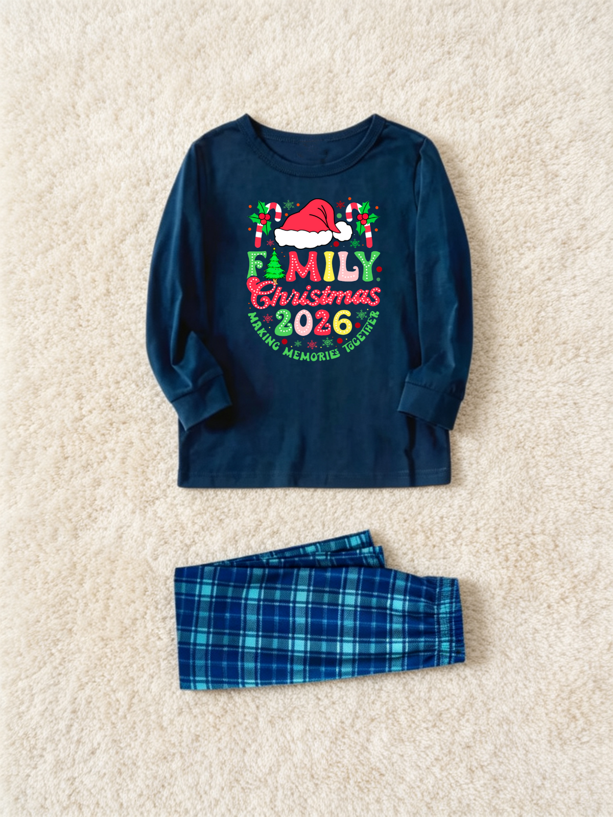 2-Piece Family Matching Christmas Pajama Set, 2026 Santa Hat Candy Cane Letter Print Navy Long Sleeve Top, Blue Buffalo Plaid Pants With Pockets, Cozy Matching Sleepwear For Christmas Eve & Family Holiday Photos