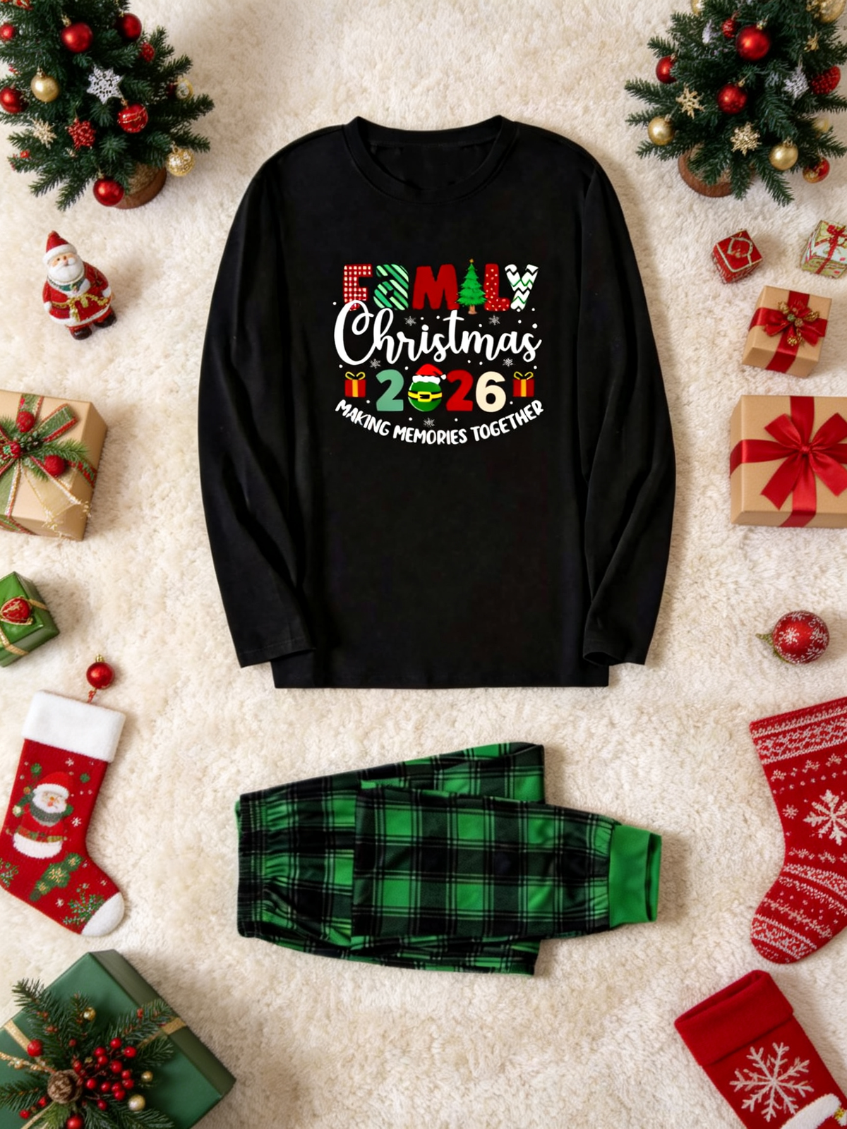 2-Piece Family Matching Christmas PJ Sets, 2026 Family Christmas Gift Print Black Long Sleeve Top, Green Buffalo Plaid Pants With Side Pockets, Matching Sleep Outfit For The Whole Family Holiday Gathering
