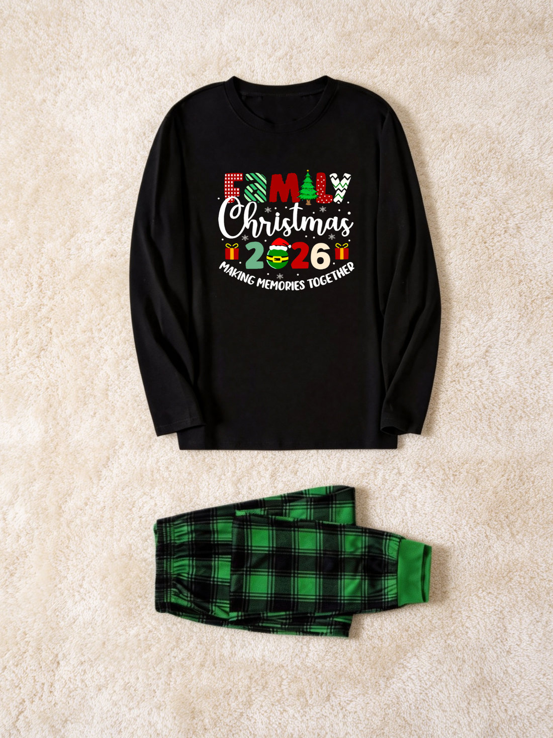 2-Piece Family Matching Christmas PJ Sets, 2026 Family Christmas Gift Print Black Long Sleeve Top, Green Buffalo Plaid Pants With Side Pockets, Matching Sleep Outfit For The Whole Family Holiday Gathering