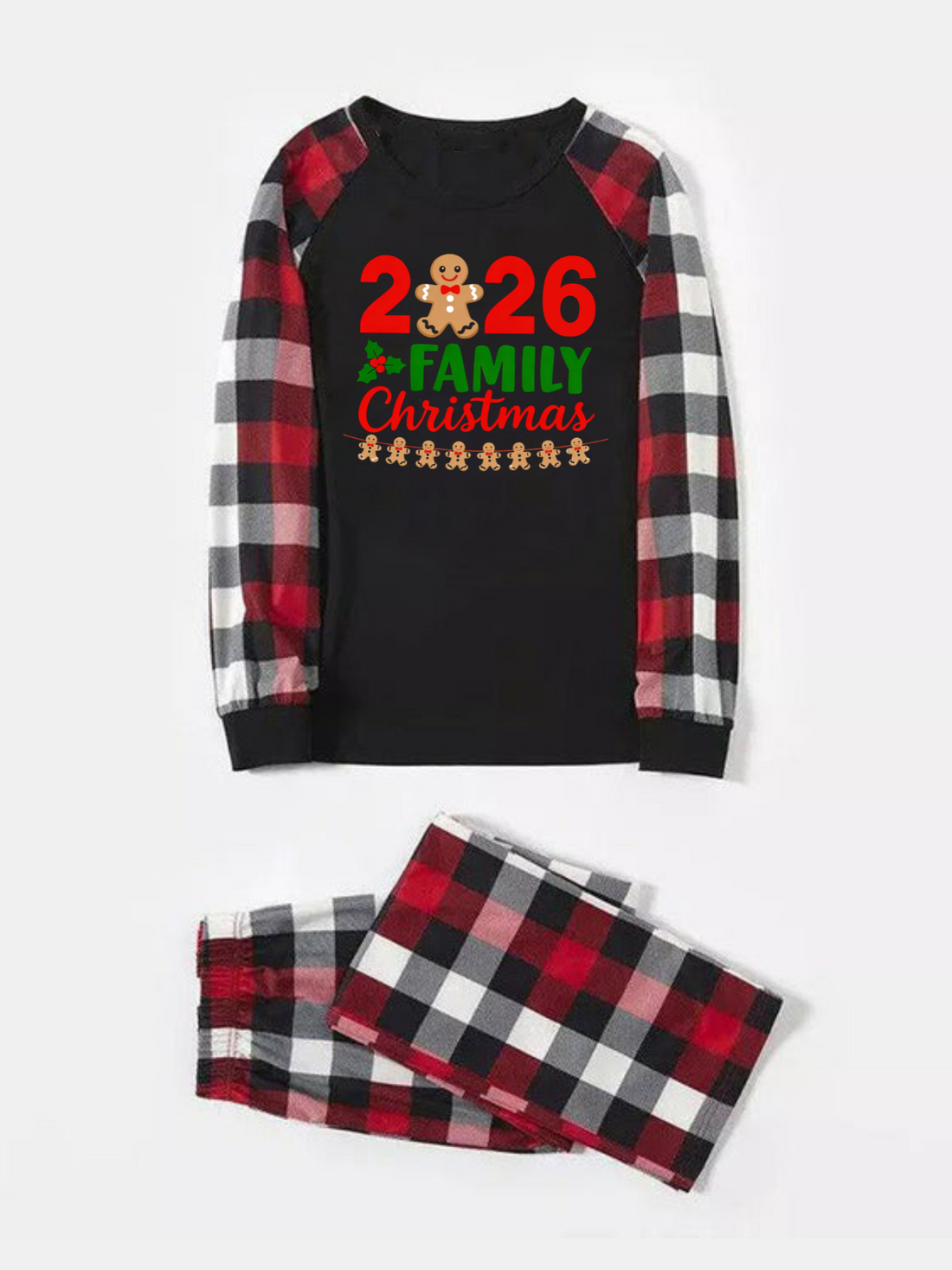 2-Piece Family Matching Christmas Pajama Set, 2026 Gingerbread Man Print Black Raglan Long Sleeve Top, Red Black White Buffalo Plaid Pants With Side Pockets, Matching Sleepwear For Whole Family Holiday Photos