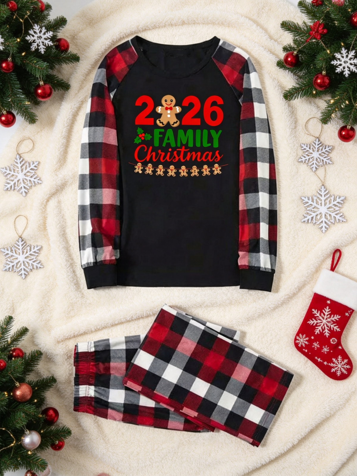 2-Piece Family Matching Christmas Pajama Set, 2026 Gingerbread Man Print Black Raglan Long Sleeve Top, Red Black White Buffalo Plaid Pants With Side Pockets, Matching Sleepwear For Whole Family Holiday Photos