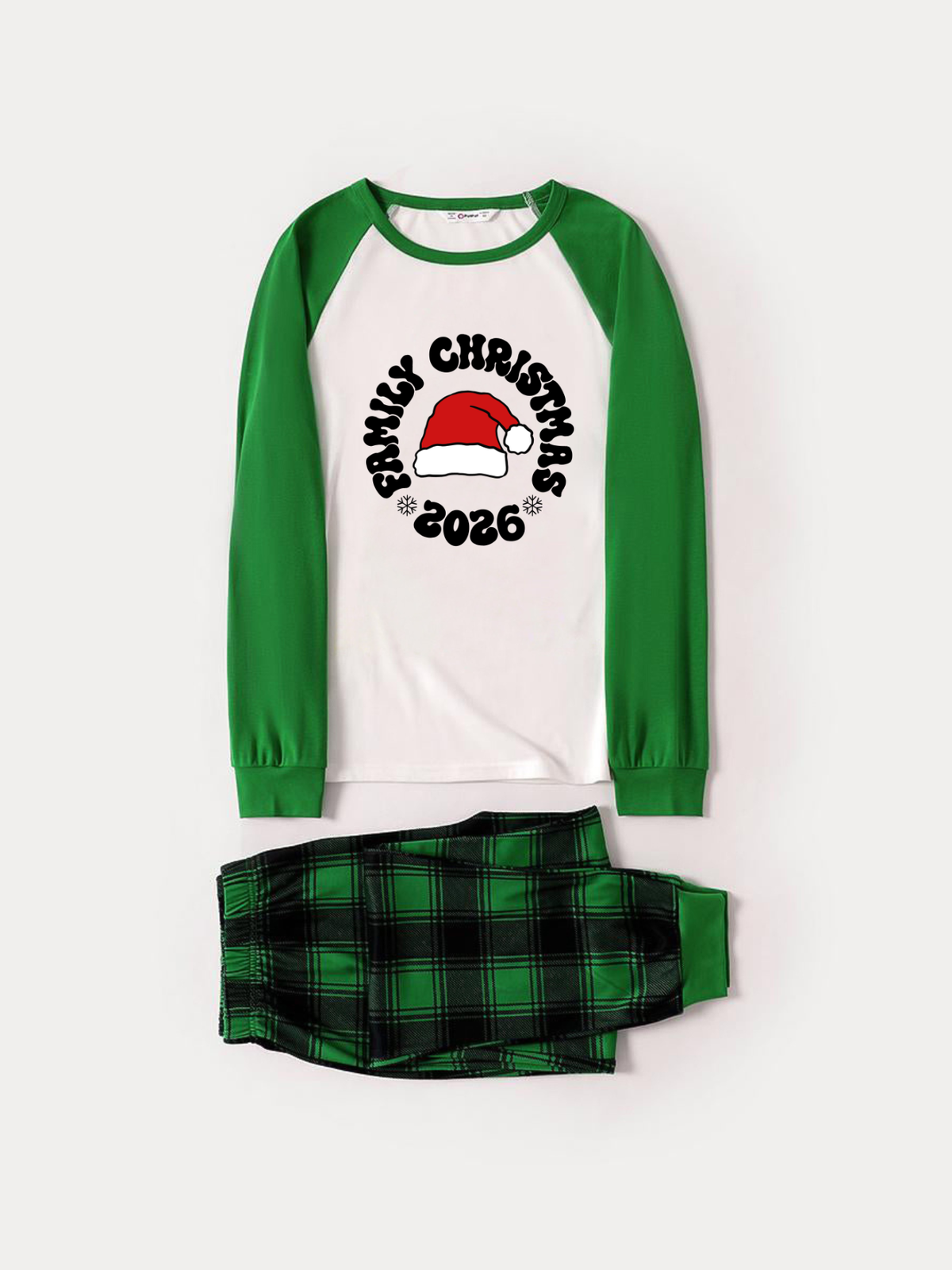 2-Piece Family Matching Christmas Pajama Set, 2026 Santa Hat Print Green Raglan Long Sleeve Top, Green Black Plaid Pants With Side Pockets, Matching Sleepwear For The Whole Family Holiday Photos