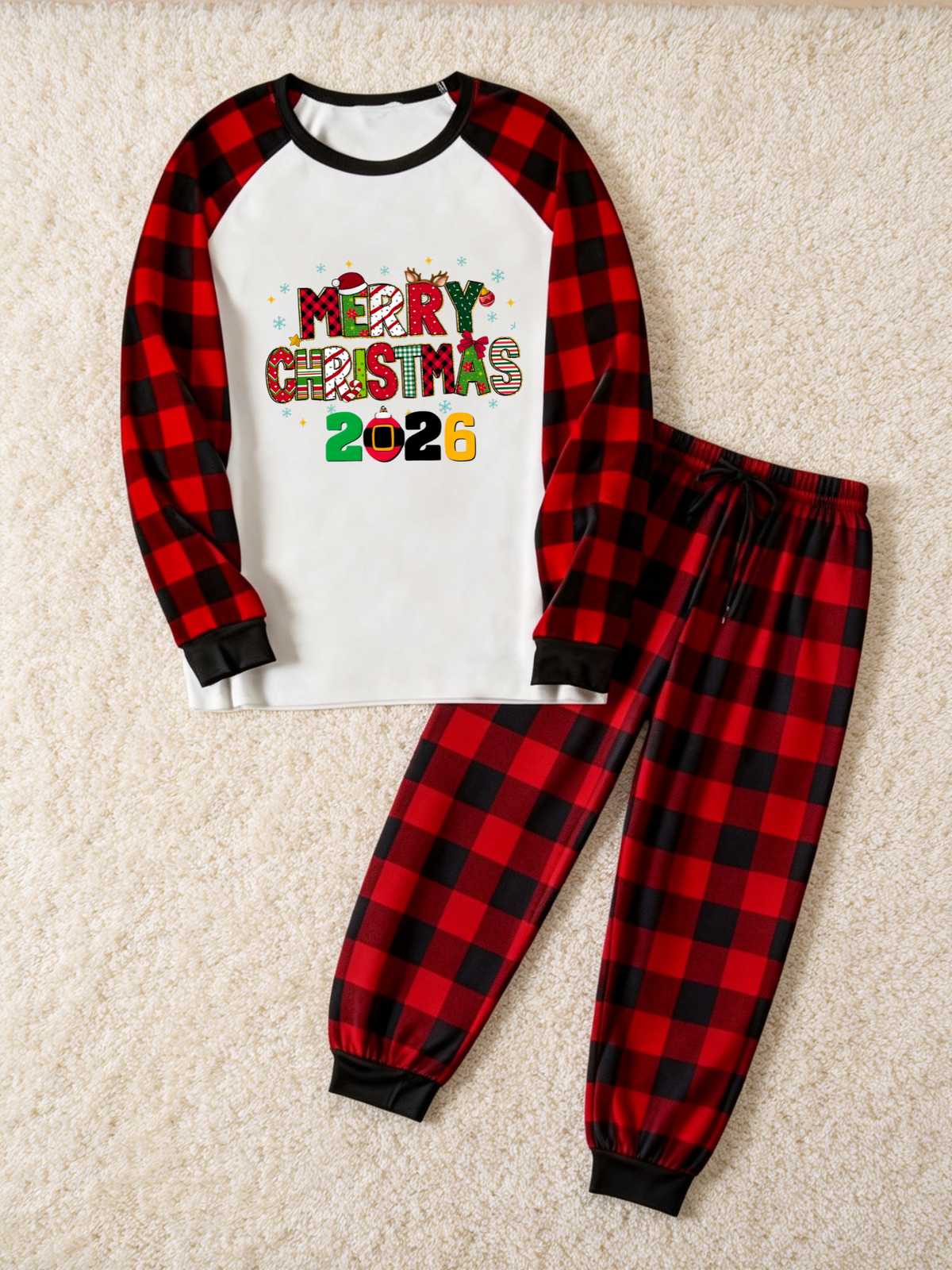 Family Matching Christmas Pajama Set, 2026 Merry Christmas Letter Print Raglan Long Sleeve Top, Red Black Plaid Pants With Pockets, Cozy Festive Sleepwear for Christmas Eve & Holiday Photos