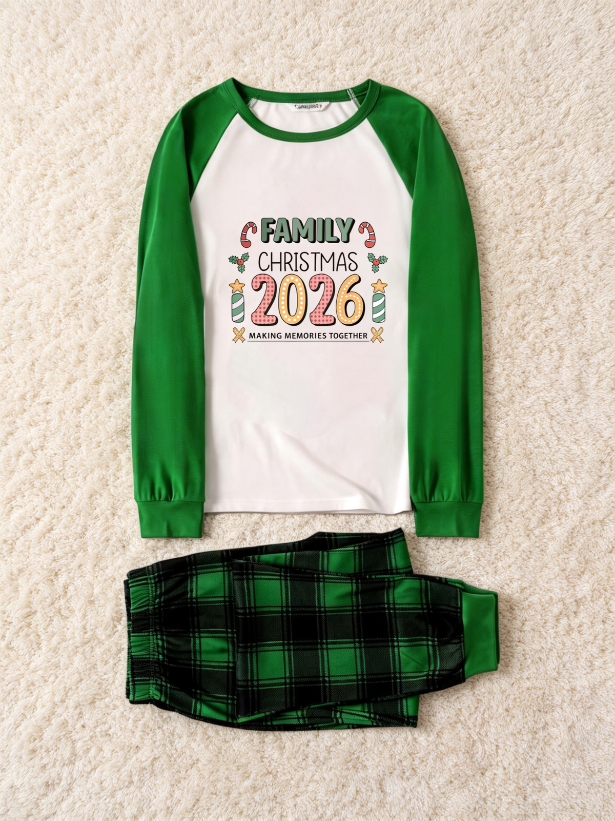 2026 Family Christmas Matching Pajamas Set, Green Plaid Raglan Long Sleeve Printed Top, Plaid Pants With Pockets Holiday Sleepwear