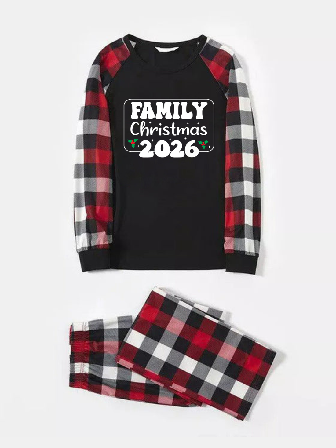 2-Piece Family Matching Christmas Pajama Set, 2026 Family Christmas Holly Print Black Raglan Long Sleeve Top, Red Black White Buffalo Plaid Pants With Side Pockets, Matching Sleepwear For Whole Family Holiday Photos