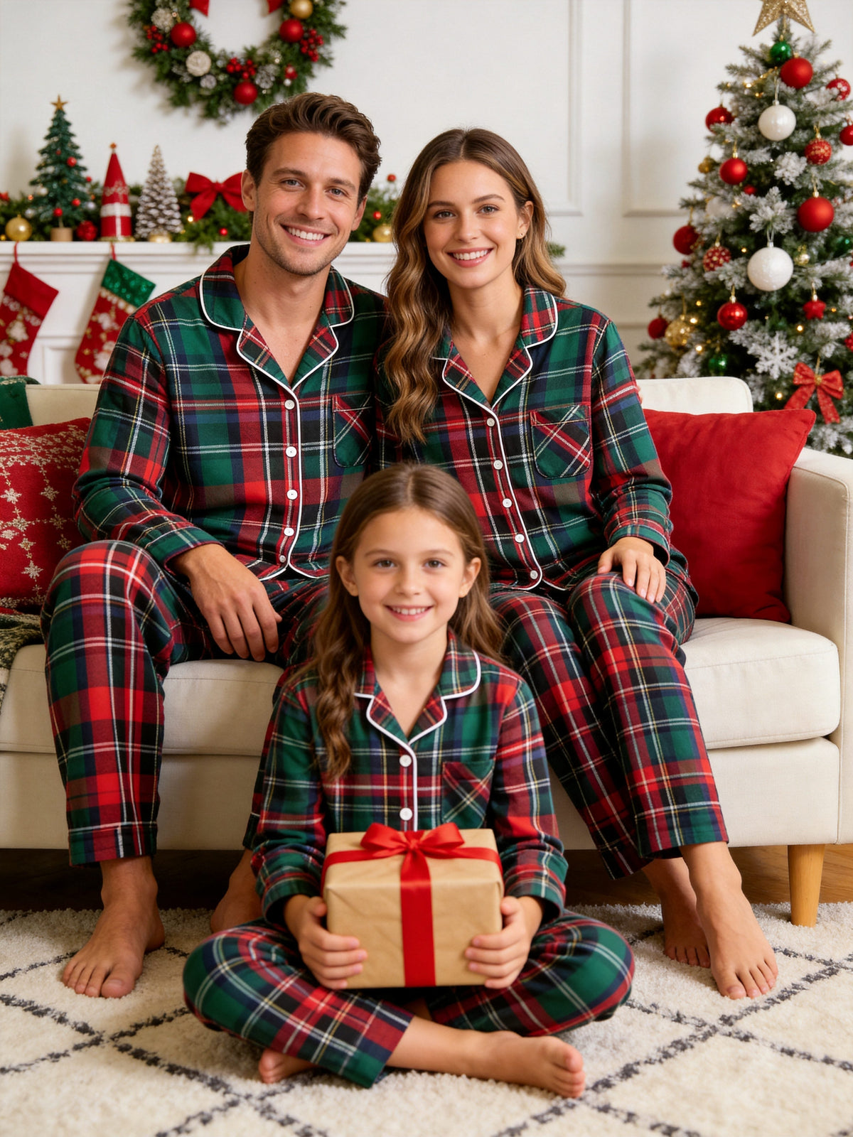 Classic Red & Green Colorblock Tartan Plaid Family Christmas Pajamas - Button-Down Sleep Set