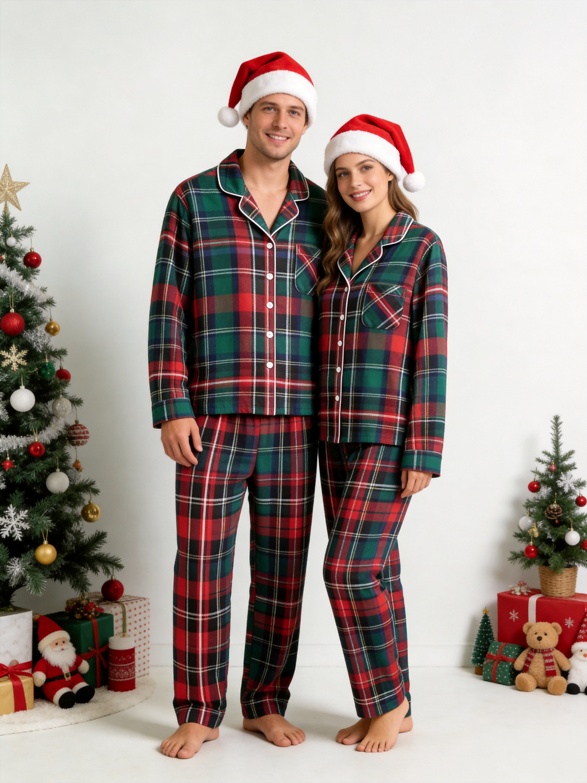 Classic Red & Green Colorblock Tartan Plaid Couple Christmas Pajamas - Button-Down Sleep Set
