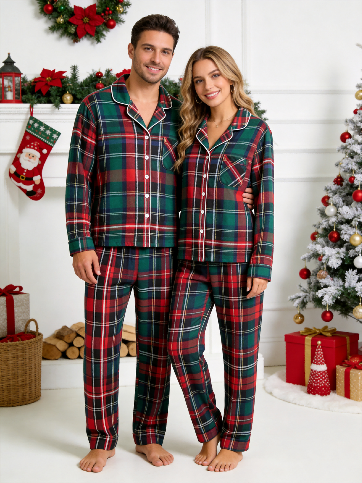 Classic Red & Green Colorblock Tartan Plaid Family Christmas Pajamas - Button-Down Sleep Set