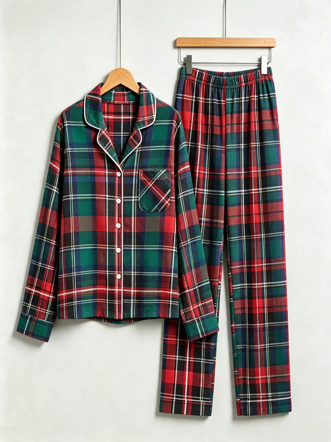 Classic Red & Green Colorblock Tartan Plaid Couple Christmas Pajamas - Button-Down Sleep Set