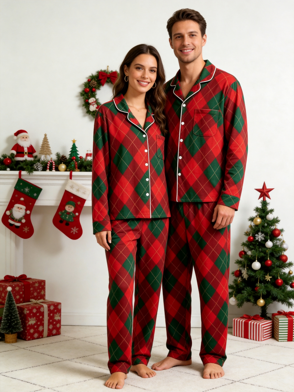 Matching Family Christmas Pajamas - Red & Green Argyle Diamond Plaid Button-Down Sleep Set