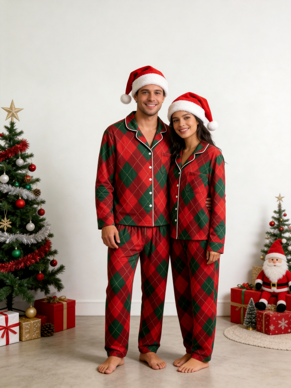 Matching Family Christmas Pajamas - Red & Green Argyle Diamond Plaid Button-Down Sleep Set