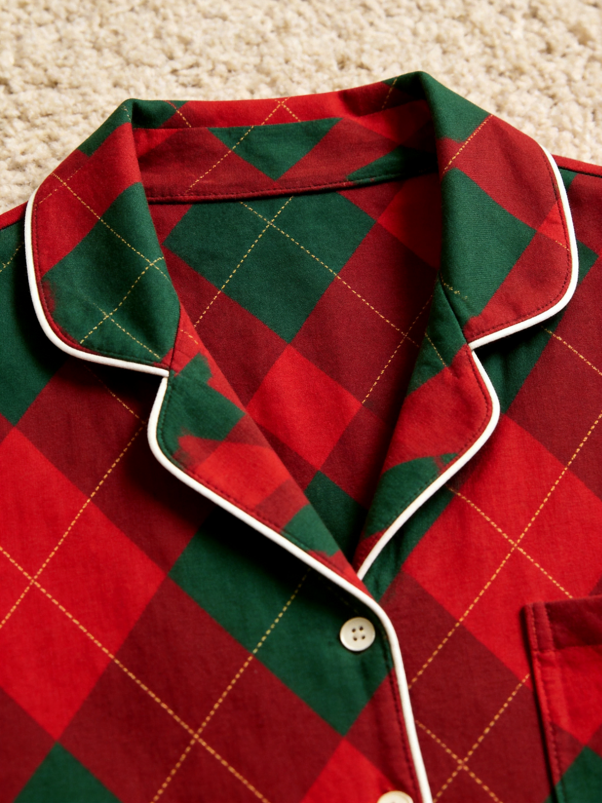 Matching Couple Christmas Pajamas - Red & Green Argyle Diamond Plaid Button-Down Sleep Set