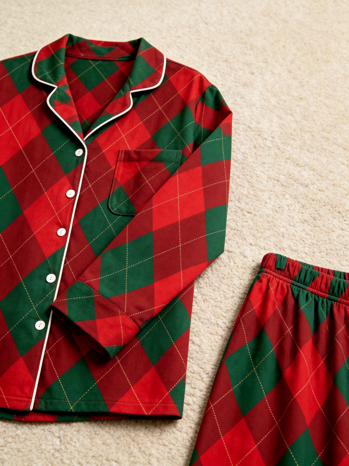 Matching Couple Christmas Pajamas - Red & Green Argyle Diamond Plaid Button-Down Sleep Set