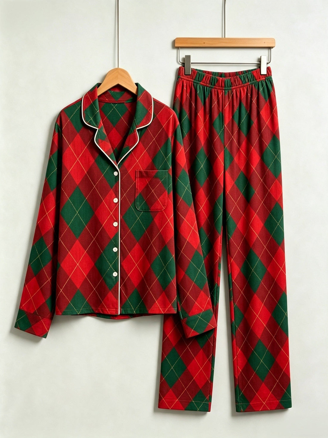 Matching Couple Christmas Pajamas - Red & Green Argyle Diamond Plaid Button-Down Sleep Set