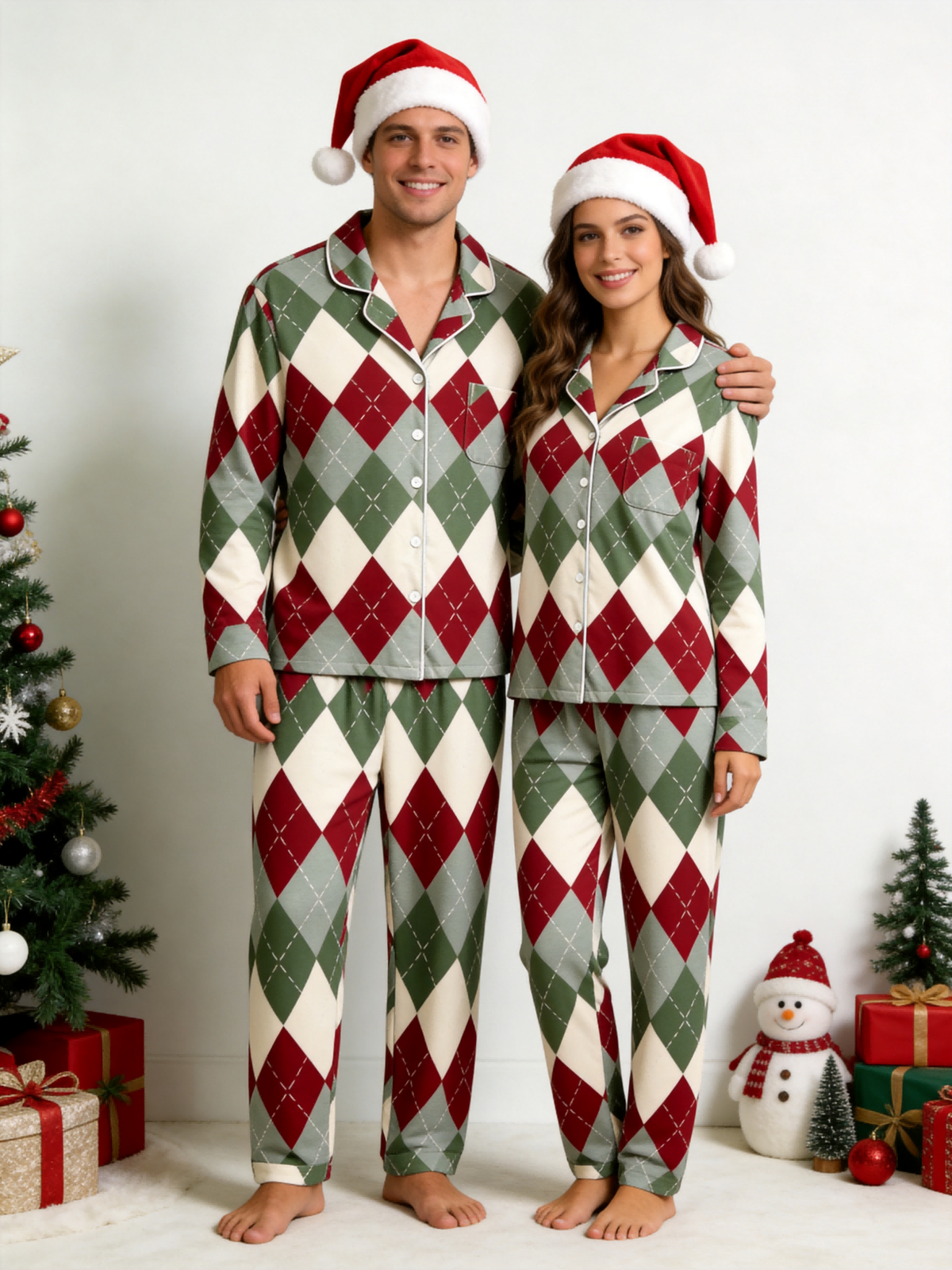 Two-Piece Set Matching Family Christmas Red and Green and White Diamond-Shaped Grid Pajamas Button-Down Long Sleeve PJS Set with Pockets Festive Plaid PJS
