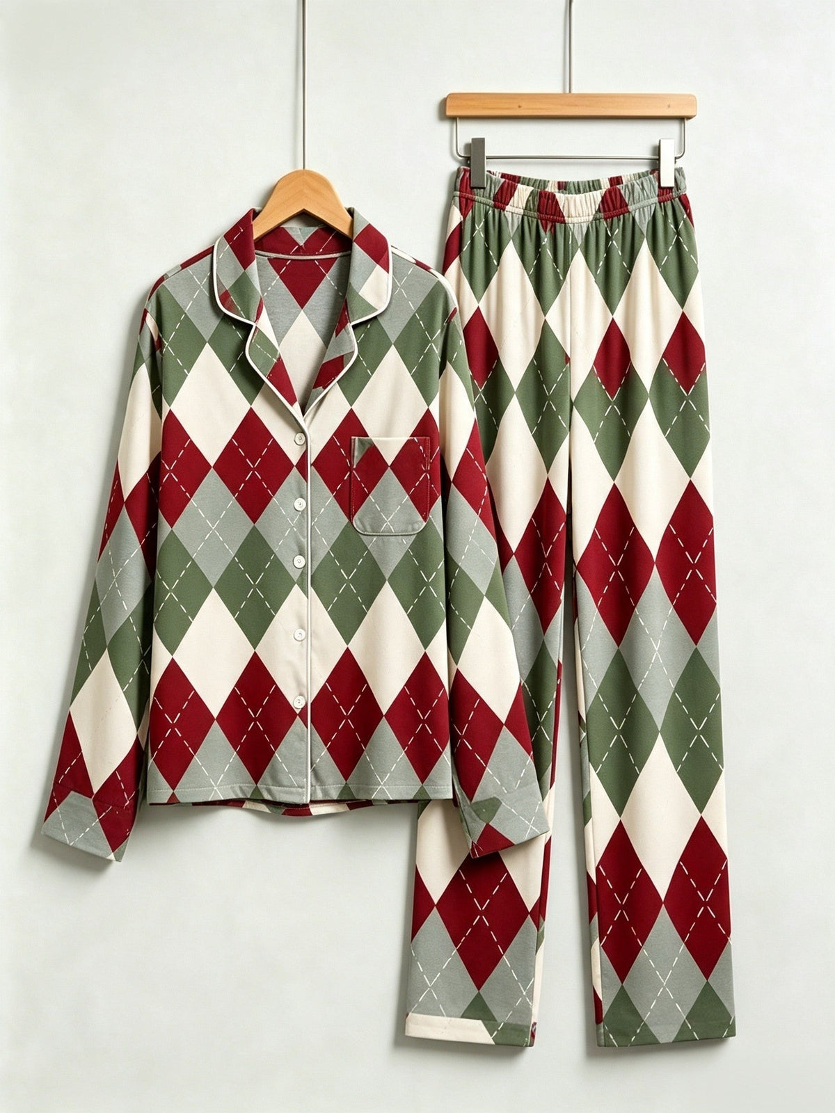 Two-Piece Set Matching Couple Christmas Red and Green and White Diamond-Shaped Grid Pajamas Button-Down Long Sleeve PJS Set with Pockets Festive Plaid Pajamas
