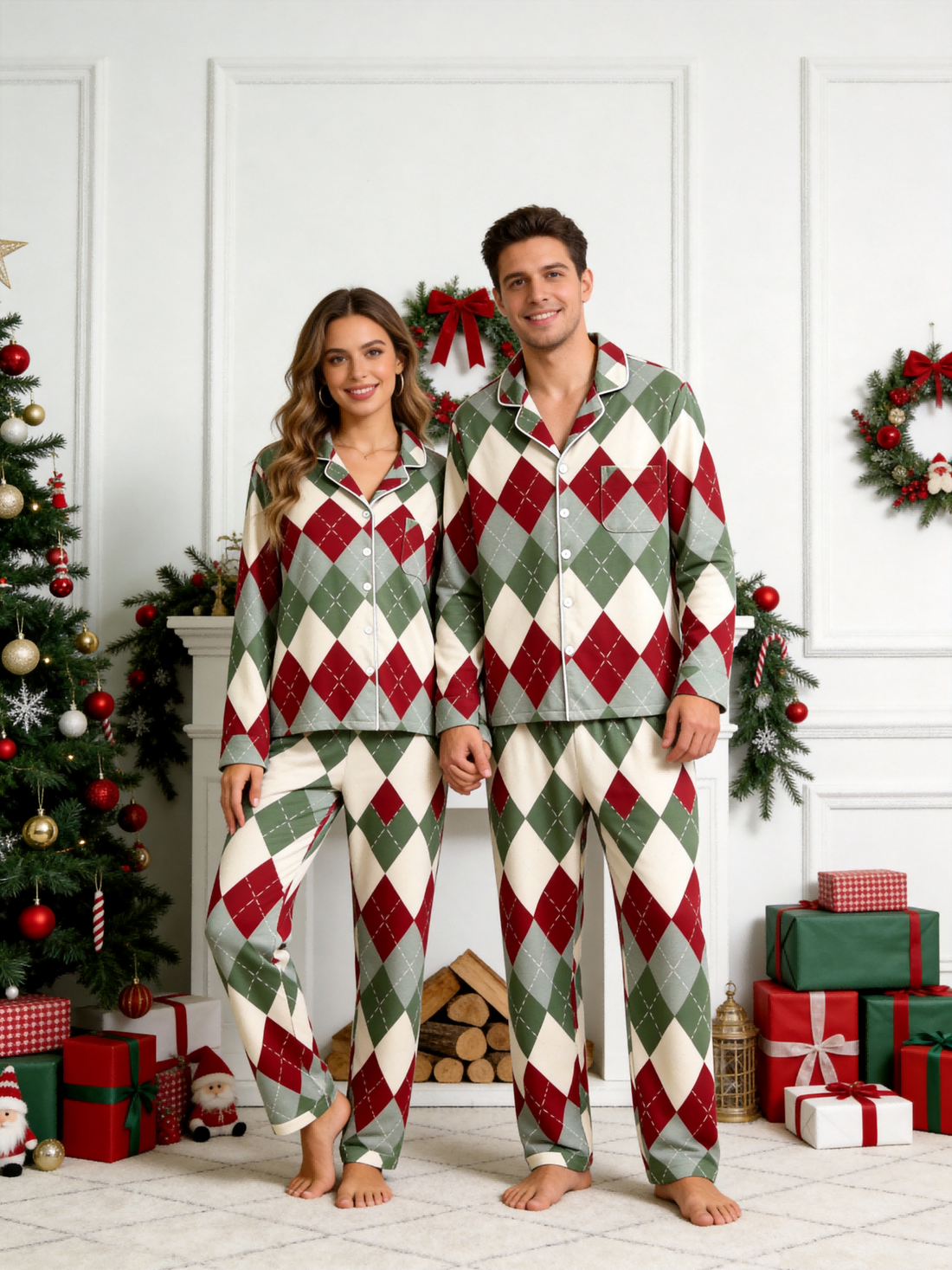 Two-Piece Set Matching Couple Christmas Red and Green and White Diamond-Shaped Grid Pajamas Button-Down Long Sleeve PJS Set with Pockets Festive Plaid Pajamas