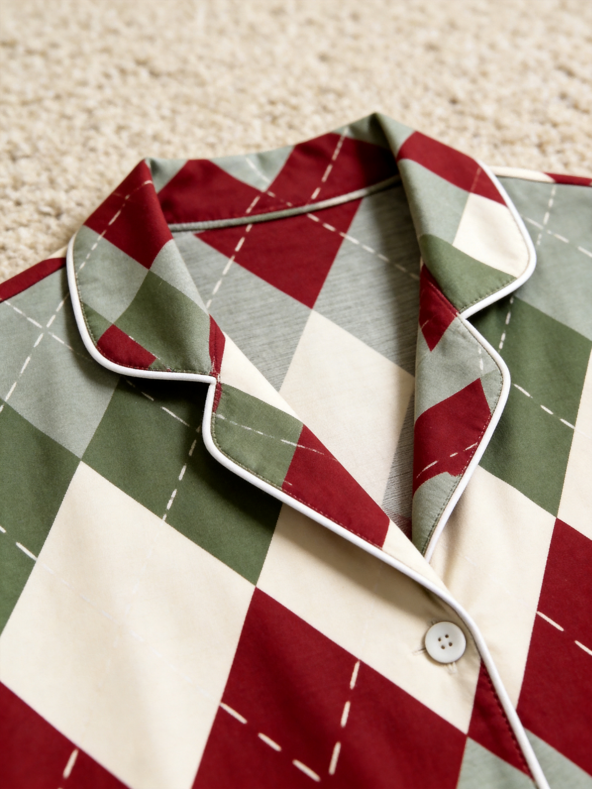 Two-Piece Set Matching Couple Christmas Red and Green and White Diamond-Shaped Grid Pajamas Button-Down Long Sleeve PJS Set with Pockets Festive Plaid Pajamas