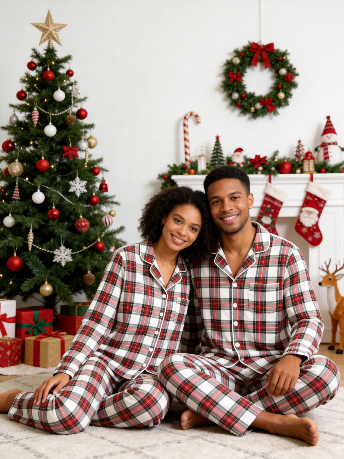 Matching Family Christmas Pajamas - White & Red Tartan Plaid Button-Down Sleepwear