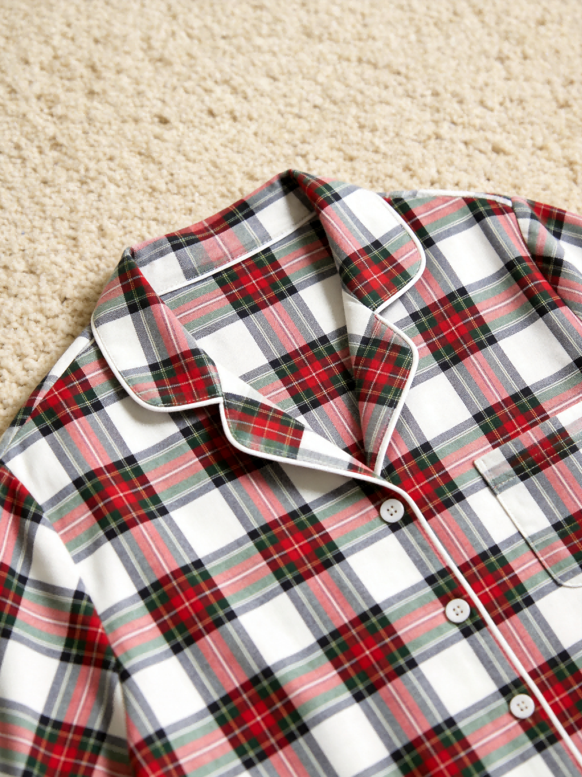 Matching Family Christmas Pajamas - White & Red Tartan Plaid Button-Down Sleepwear
