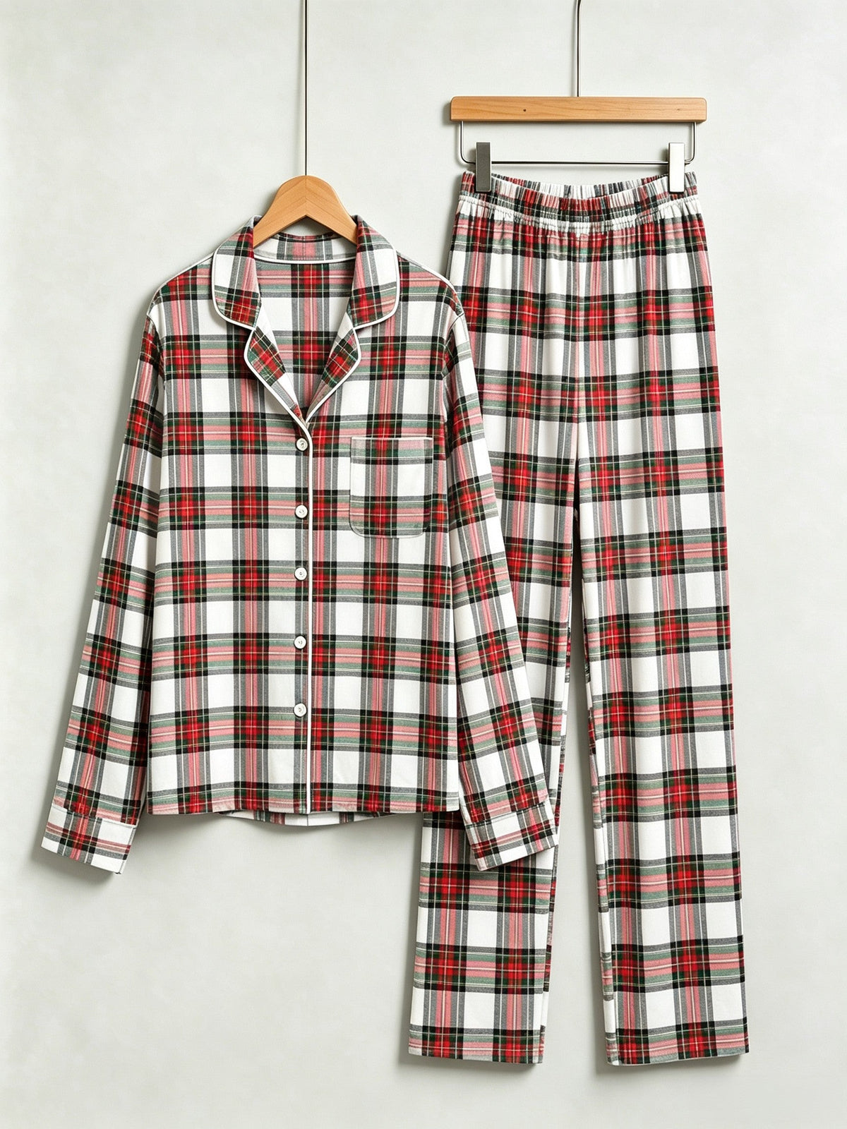 Matching Family Christmas Pajamas - White & Red Tartan Plaid Button-Down Sleepwear