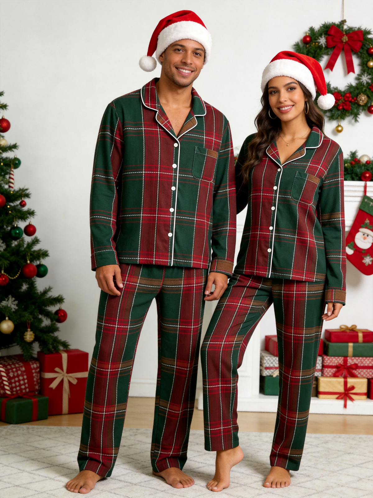 Matching Family Christmas Pajamas - Deep Green & Red Bold Tartan Plaid Button-Down Set