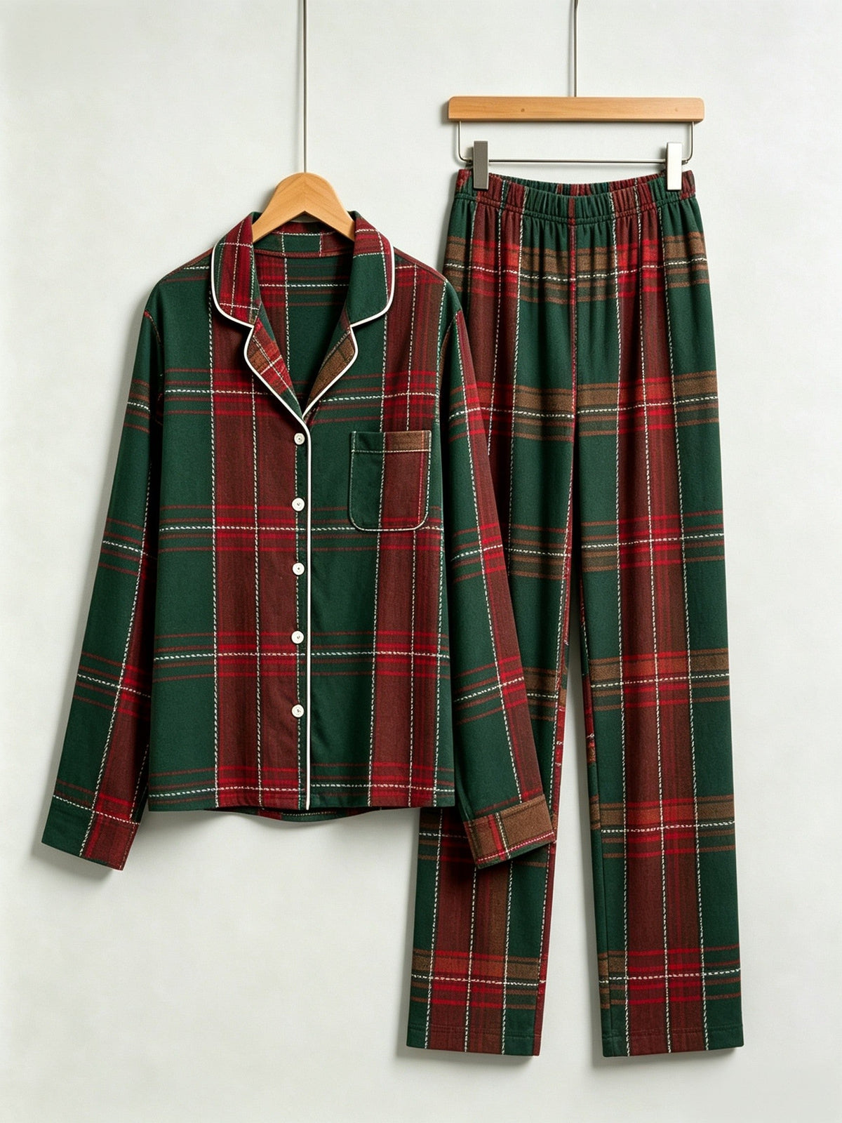 Matching Couple Christmas Pajamas - Deep Green & Red Bold Tartan Plaid Button-Down Set