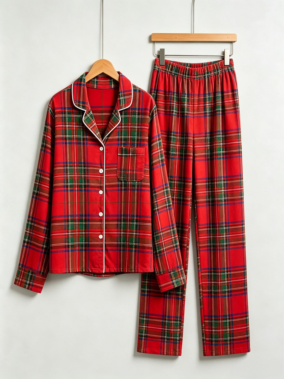 Two-Piece Set Matching Couple Christmas Red and Green Plaid PJS Button Up Long Sleeve and Pants with Pockets Family Pajamas