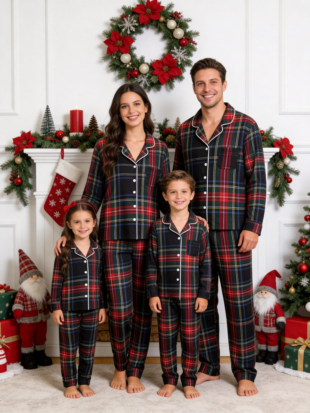 Matching Family Christmas Two-Piece Button-Down Long Sleeve PJS Set with Pockets Classic Red and Blue Plaid Festive Holiday Matching Outfits for Adults Kids