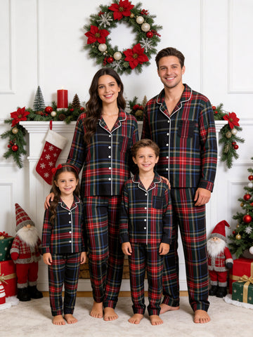 Matching Family Christmas Two-Piece Button-Down Long Sleeve PJS Set with Pockets Classic Red and Blue Plaid Festive Holiday Matching Outfits for Adults Kids
