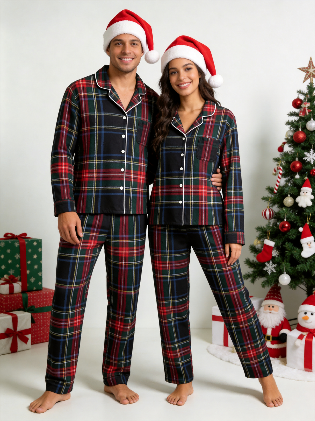 Matching Family Christmas Two-Piece Button-Down Long Sleeve PJS Set with Pockets Classic Red and Blue Plaid Festive Holiday Matching Outfits for Adults Kids