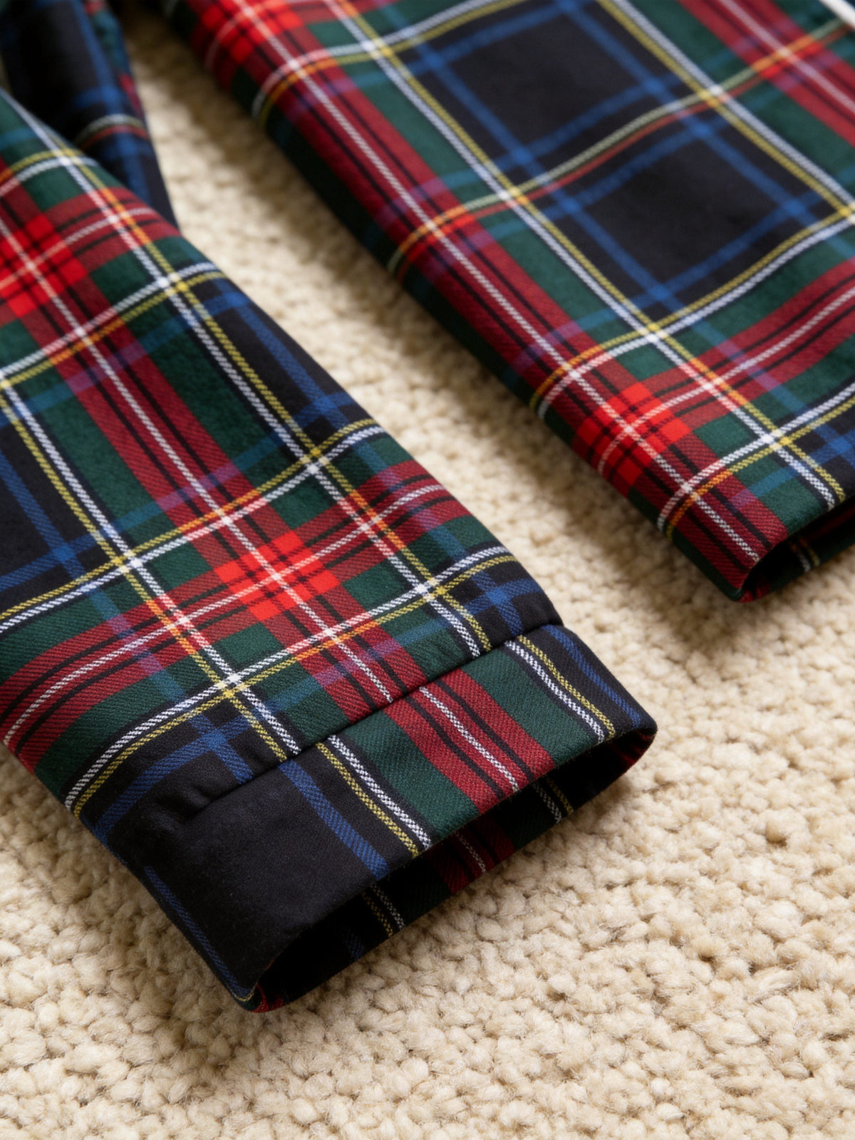 Matching Couple Christmas Two-Piece Button-Down Long Sleeve PJS Set with Pockets Classic Red and Blue Plaid Pajamas