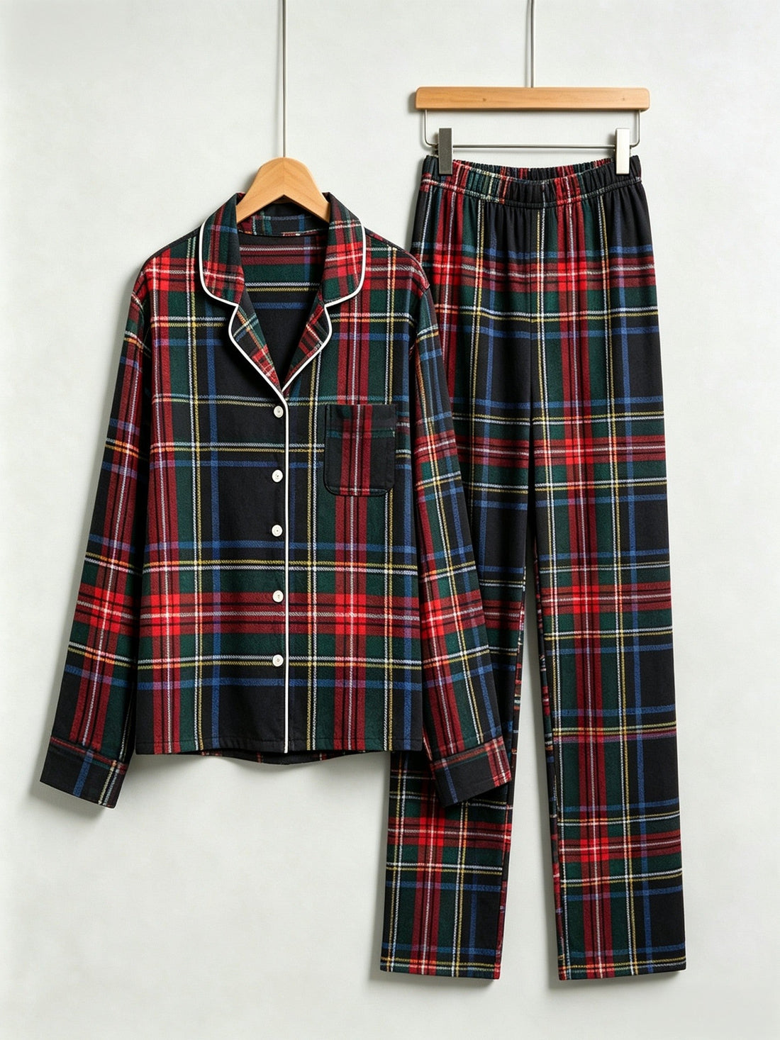 Matching Couple Christmas Two-Piece Button-Down Long Sleeve PJS Set with Pockets Classic Red and Blue Plaid Pajamas