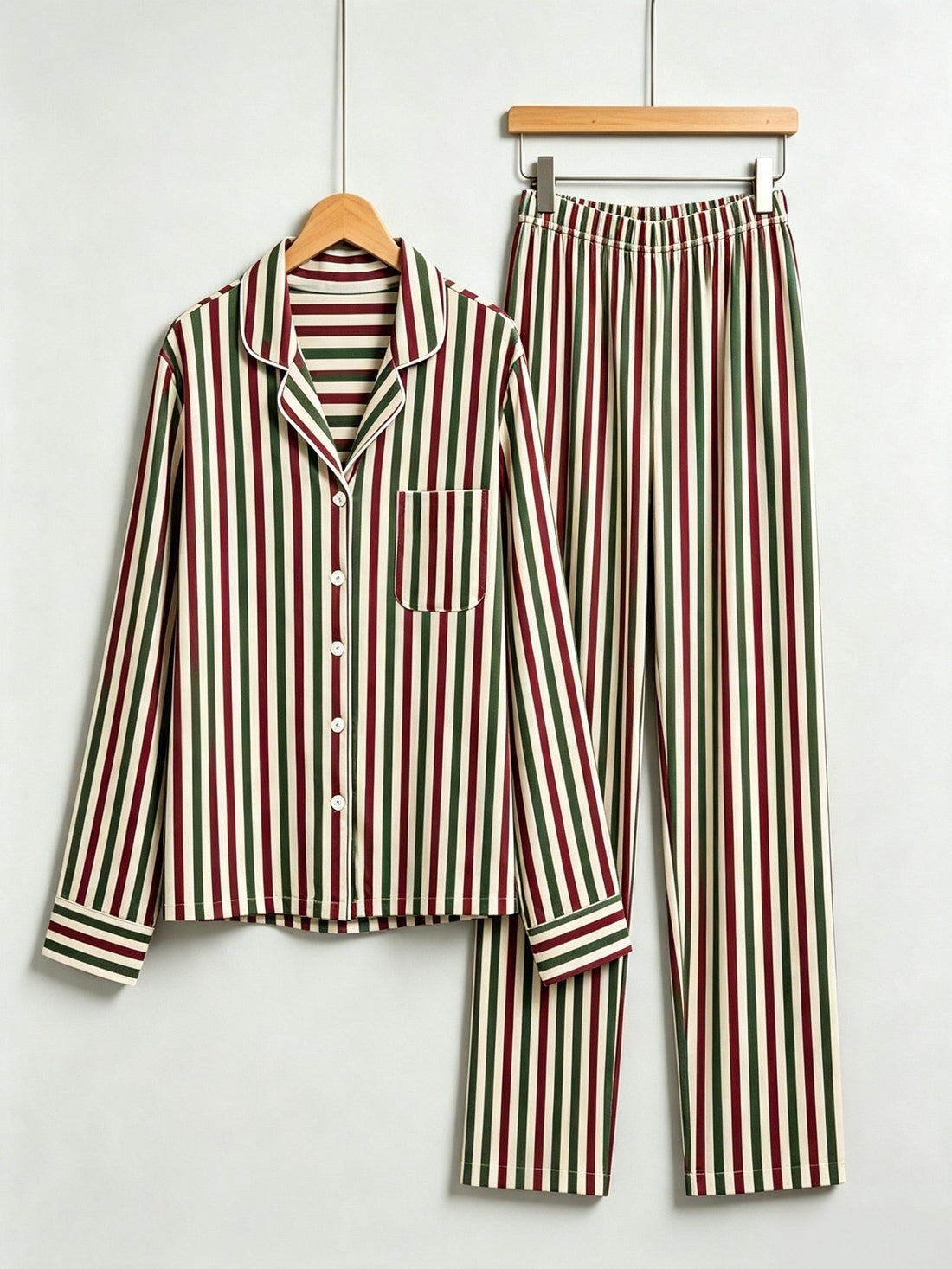 Matching Couple Christmas Two-Piece Button-Down Long Sleeve PJS Set with Pockets Classic Red and Green Striped Holiday Pajamas