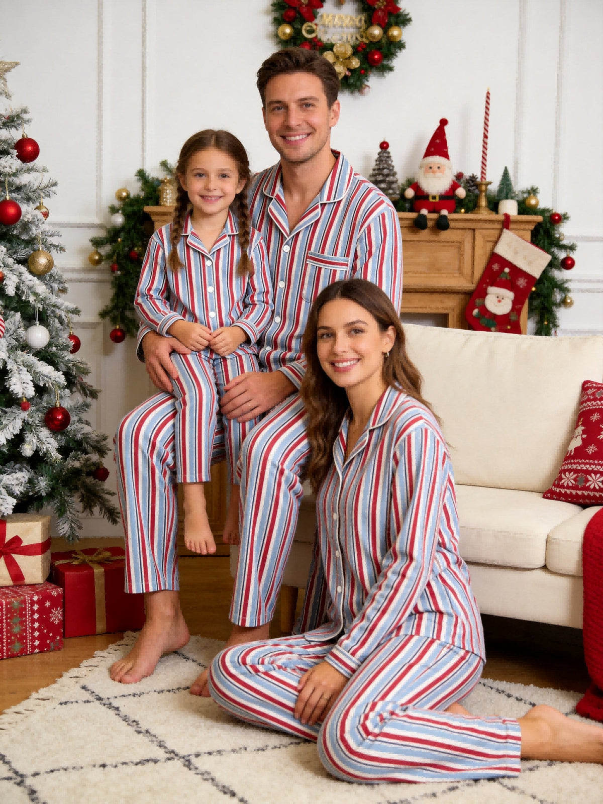 Matching Family Christmas Two-Piece Button-Down Long Sleeve PJS Set with Pockets Classic Red and Light Blue Striped Festive Holiday Matching Outfits for Adults Kids