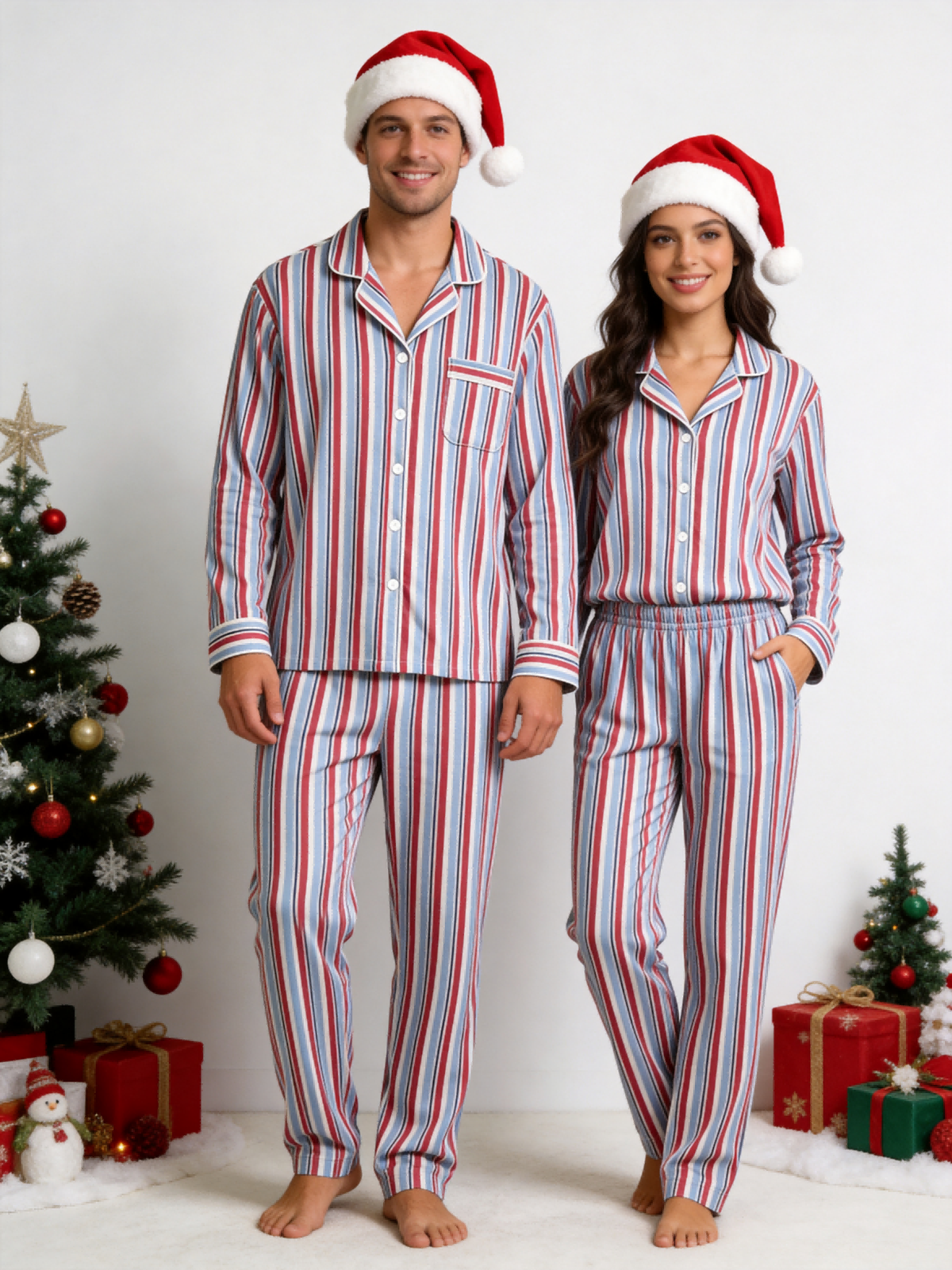 Matching Family Christmas Two-Piece Button-Down Long Sleeve PJS Set with Pockets Classic Red and Light Blue Striped Festive Holiday Matching Pajamas